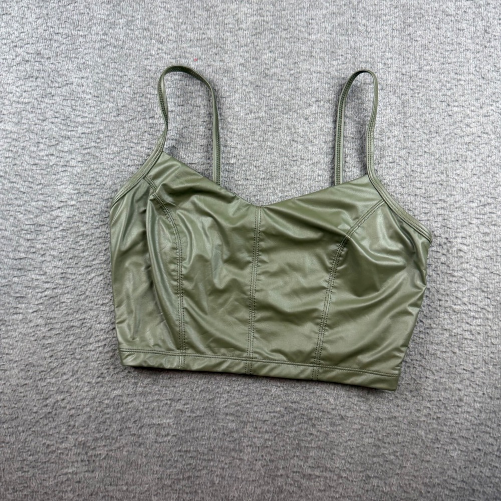 OFFLINE by Aerie Sports Bra Top Women's Small Olive Green Faux Leather Real Luxe